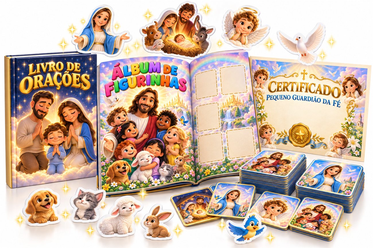 Kit Álbum de Figurinhas Católico Infantil com álbum, figurinhas, jogo da memória, livros e certificado